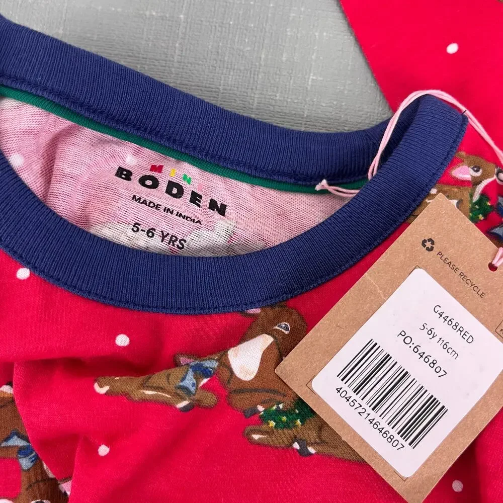 Mini Boden Printed Tunic Rockabilly Red Festive Deer 5-6 NWT
